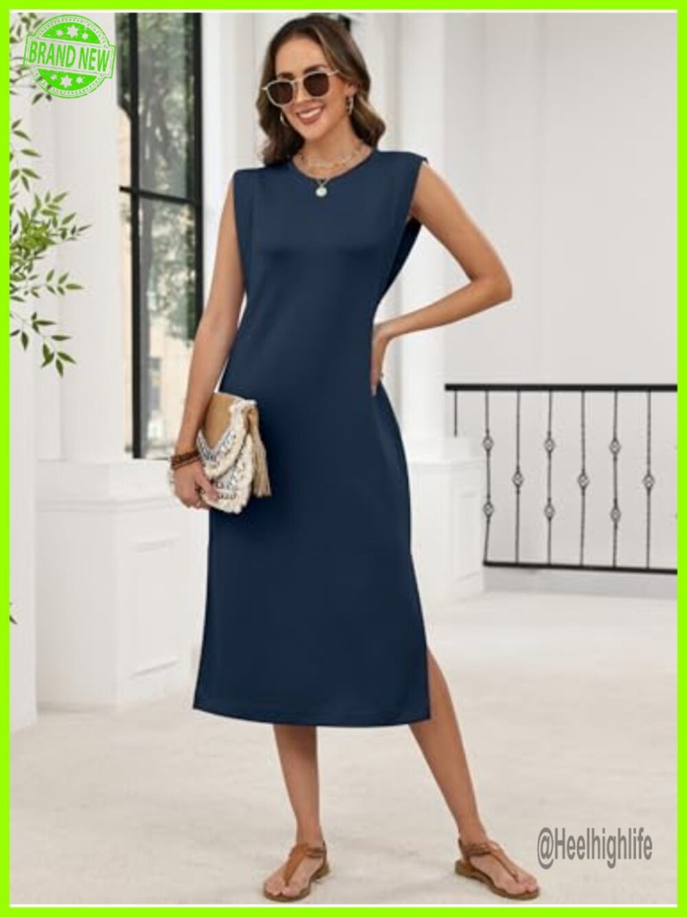Sleeveless Crewneck Midi Dress Side Pockets Wrinkle-Free Beach Travel - Picture 3 of 7